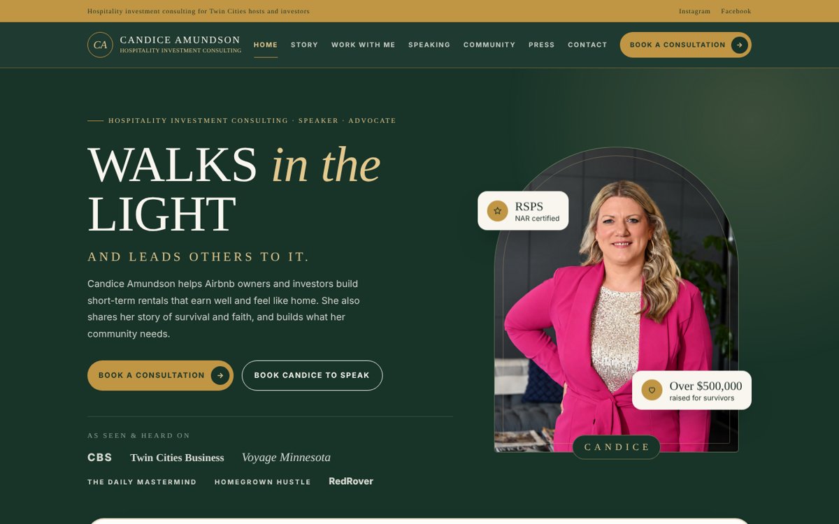 Homepage of the Candice Amundson website